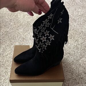 Mid calf cowboy Black Star-Studded Fringe Boots